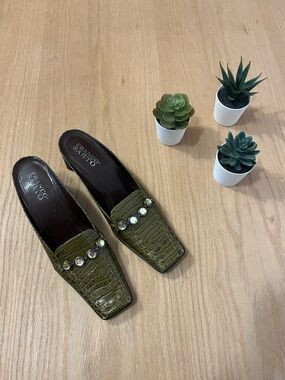 Franco Sarto Olive Green Crocodile-Patterned Heeled Mules